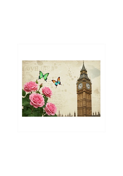 Big Ben Ve Çiçekler Desenli Mdf Tablo