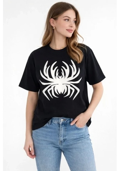 Defymoda Örümcek Baskılı Tişört Kısa Kollu Bisiklet Yaka T-shirt - Siyah