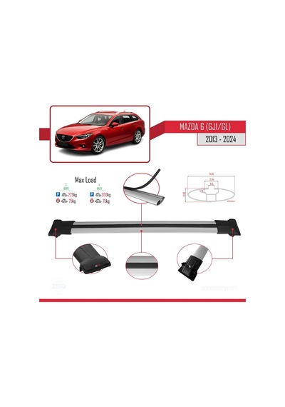 Mazda 6 Gj1/gl 2013 Ve Sonrası İle Uyumlu Fly Model Ara Atkı Tavan Barı Gri 3 Adet Bar