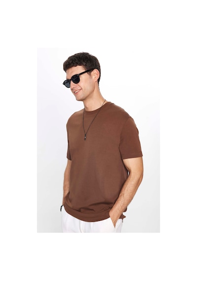 Tudors Unisex Relax Fit Rahat Kesim %100 Pamuk Yumuşak Dokulu Basic Bisiklet Yaka Kahverengi Tişört-31474 Kahverengi