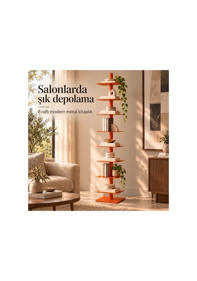 Axis 8 Raflı Metal Kitaplık Modern Tasarım Dikey Dekoratif Kitaplık Turuncu - 935176049 Turuncu