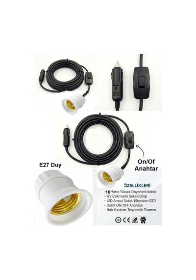 Araç Çakmaklık Grişli E27 Duylu Anahtarlı Araç Seyyar Kablo Çakmaklık Fşli 12v/16a 2 X1,5mm Ttr Bakır 10 Mt-siyah