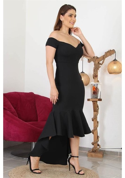 Dip Moda Dipmoda Kadın Kayık Yaka Düşük Omuz Eteği Volanlı Abiye Elbise Swll01 Siyah