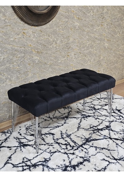 Zafir Krom Tel Ayaklı 90 Cm Puf Bench - Puf - Bench - Kasalı Oturak - Oturak - Yatak Ucu Puf Siyah