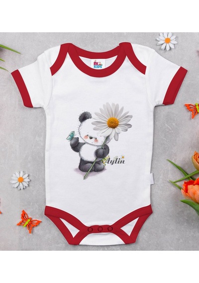 Bk Gift Bk Kids Kişiye Özel Papatya Temalı Kırmızı Bebek Body Zıbın-9 Çok Renkli