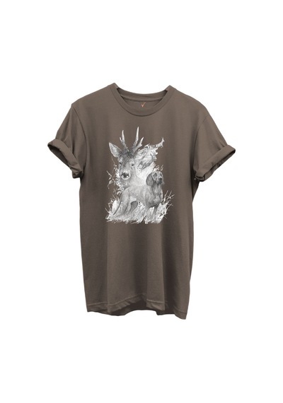 Geyik Ve Av Köpeği Çizim Baskılı %100 Pamuk Regular Fit Bisiklet Yaka Unisex T-shirt Kahverengi