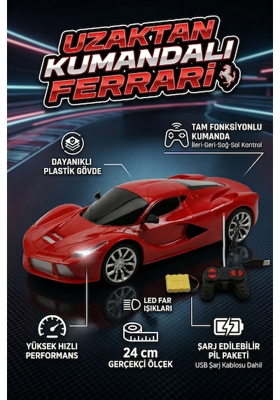Uzaktan Kumandalı Şarjlı Araba 24 Cm Işıklı Ferrari & Lamborghini Model Full Fonksiyonlu Oyuncak Kırmızı Ferrari