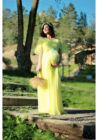 Modalabio Moda Labio- Babyshower Melek Kol Hamile Elbisesi Sarı