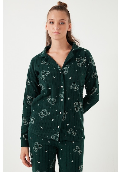 Lela Standart Fit Düğmeli Polarlı Bayan Pijama Takımı 6095616 Yeşil