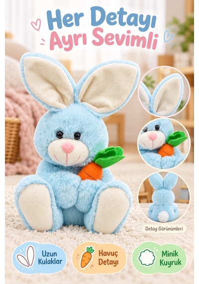 Mavi Tavşan Peluş Oyuncak 28 Cm Havuçlu Sevimli Yumuşak Oyuncak Çocuk Odası Dekoru Uyku Arkadaşı Set
