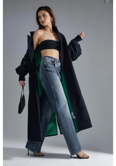 Hiccup Squalo Yüksek Bel Geniş Paçalı Kot Pantolon Orta Mavi Denim