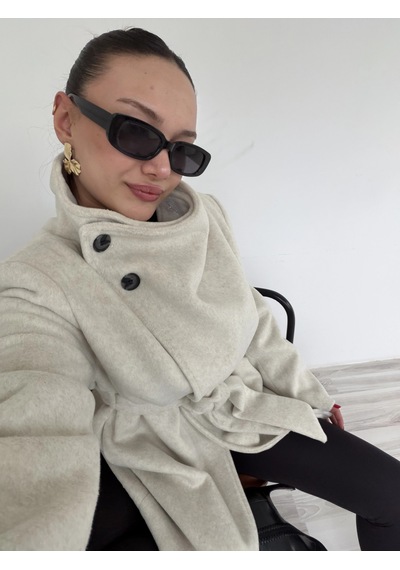 Keymoda Kadın Bej Kuşaklı Kısa Kaşe Kaban Taş Rengi