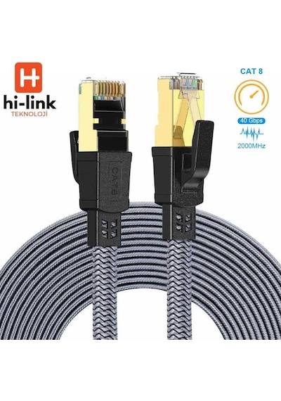 Hi-link 10metre Flat Örgülü Cat8 Ethernet Kablo - Yüksek Hızlı 40gbps 2000mhz 10 M