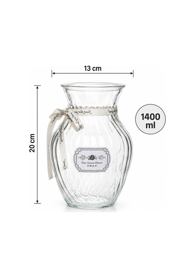 Porsima 04287 Çizgili Lale Cam Vazo 1400 Ml Kurdele Detaylı Şeffaf Vazosu 20 Cm