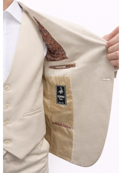 Erkek 3 Parça Slim Fit Takım Elbise Klasik Likralı Kumaş, Tek Düğme, Çift Yırtmaçlı Modern Kesim Ceket Yelek Pantolon Bej