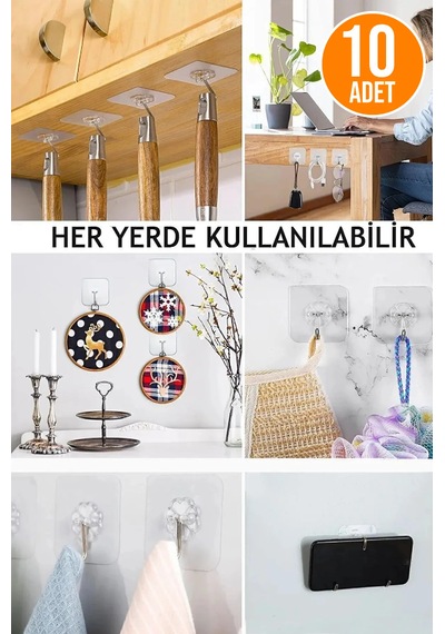 10 Adet - Kendinden Yapışkanlı Çok Amaçlı Kancalı Askı Şeffaf