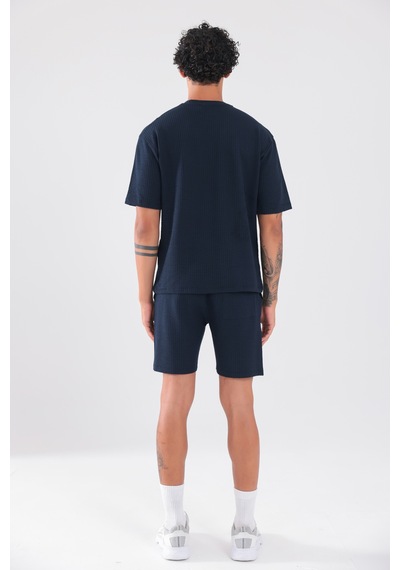 Rowinger Waffle Dokulu Oversize T-shirt Ve Şort Erkek Takım Navyblue