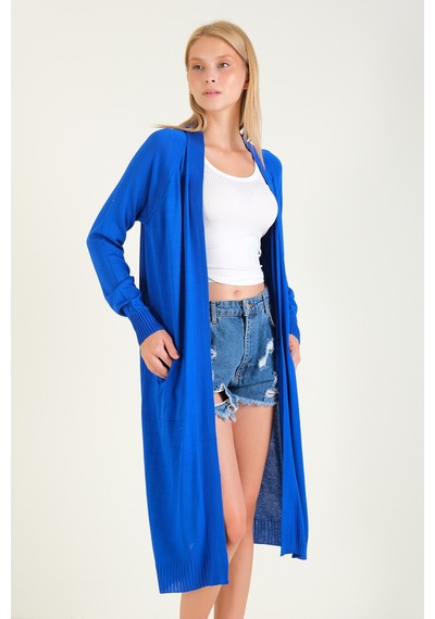Giyim Dünyası Kadın Oversize Cepli Uzun Hırka Saks Mavi 001