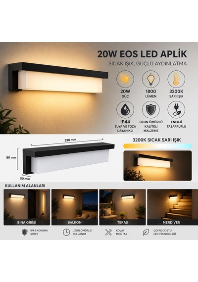 Eos Duvar Aplik 20 Watt Led Lamba, 1800 Lümen 3200 Kelvin Sarı Işık, Banyo, Balkon, Merdiven Du Antrasit