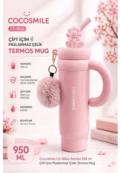Cocosmile Cs-8826 Pembe 950 Ml Çift İçim Paslanmaz Çelik Termos Mug