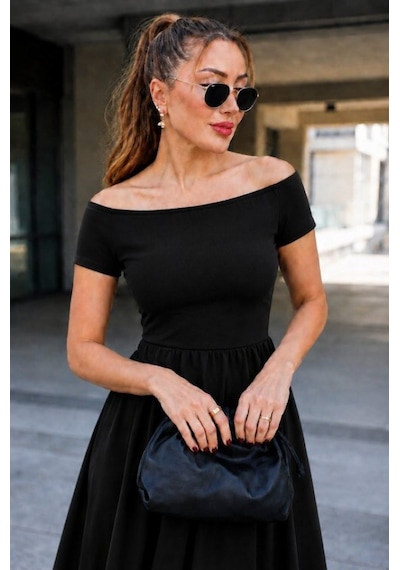 Efnaz Style Kadın Madonna Yaka Kısa Kollu Kısa Janjan Krep Elbise Siyah