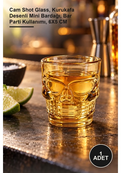 1 Adet Kurukafa Cam Shot Bardağı Cam Shot Glass, Kurukafa Desenli Mini Bardağı, Bar Parti Kullanımı, 6x5 Cm