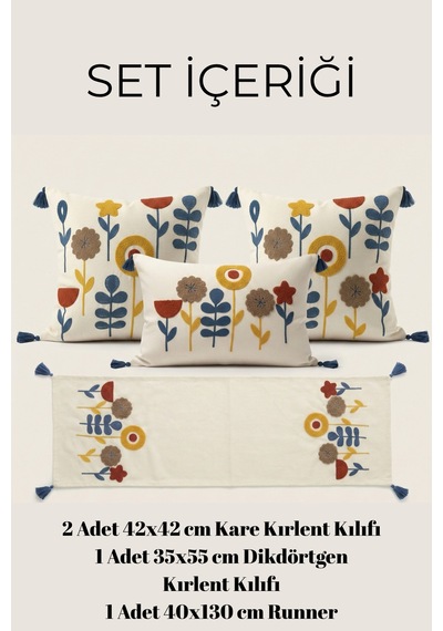 Flora Garden 4 Lü Punch Nakışlı Kırlent & Runner Seti 2 Kare + 1 Dikdörtgen Kırlent Kılıfı + 1 Runner Amerikan Servis Mavi