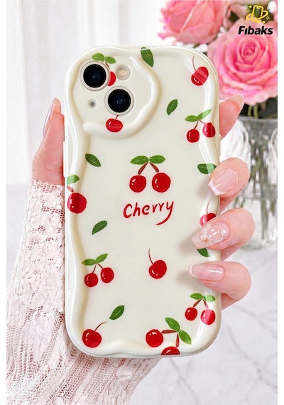 Fibaks iPhone 13/14 Uyumlu Kılıf Kamera Korumalı Dalga Kenarlı Cherry Desenli Yumuşak Silikon Kapak