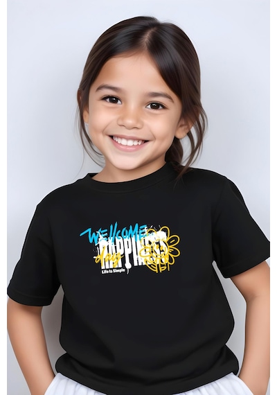 Fyk Kids Kız Çocuk Wellcome Happines Baskılı Tişört Siyah