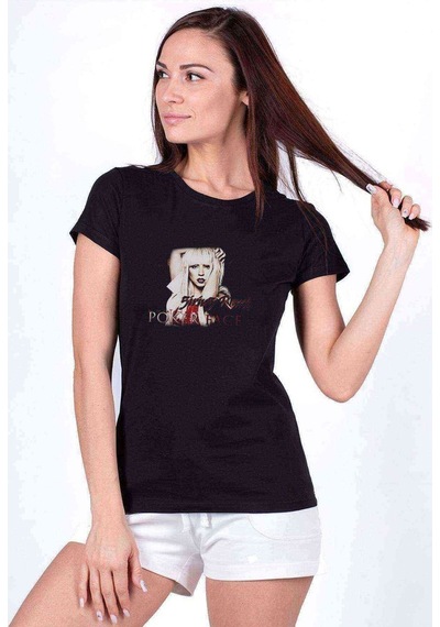 Lady Gaga Poker Face Baskılı Siyah Kadın Tshirt