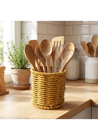 Buffer Yuvarlak Hasır Dokulu Plastik Rattan Kaşıklık & Çatallık Askılı Kendiliğinden Tutmalı Çok Amaçlı Mutfak Organi Açık Kahverengi