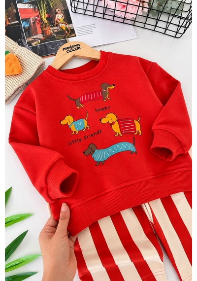 Minigimin Cicileri Sevimli Köpek Baskılı Sweatshirt Çizgili Bol Paça Kız Çocuk 2 Li Takım - Kırmızı Diğer
