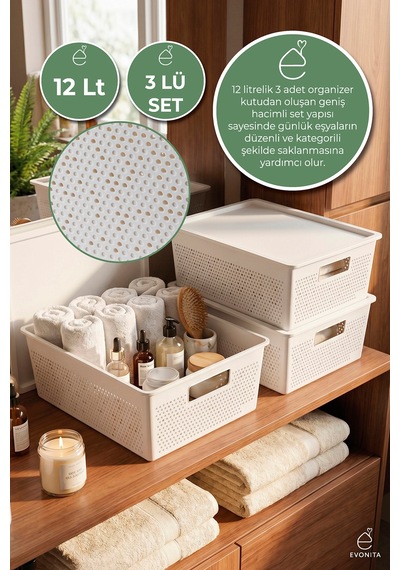 3lü Kapaklı Saklama Kutusu 12 Lt Çok Amaçlı Organizer Banyo Mutfak Dolap Düzenleyici Renkli