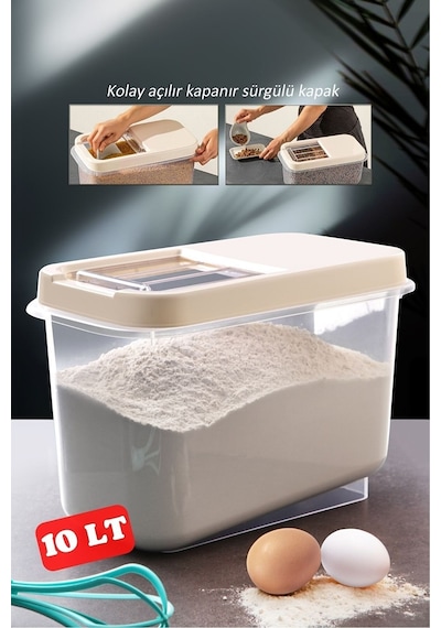 Sürgülü Kapaklı 10 Lt Erzak Bakliyat Un Şeker Saklama Kabı Krem