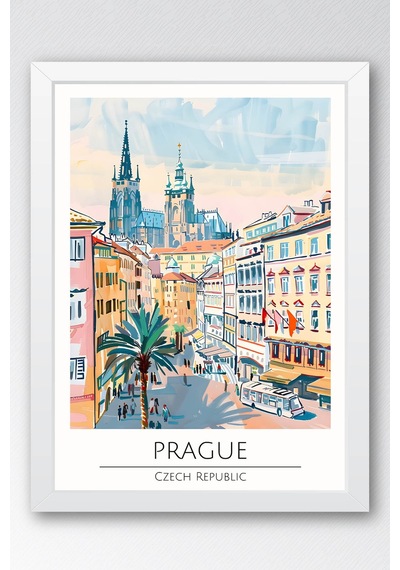 Çek Cumhuriyeti Prag Temalı Çerçeveli Tablo Travel Serisi Modern İllüstrasyon Duvar Dekoru Beyaz