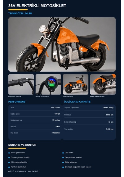 Elektrıklı Mini Chopper 36v 180w 3 Vites 12 Jant 5-9 Yaş Arası Uygundur Turuncu