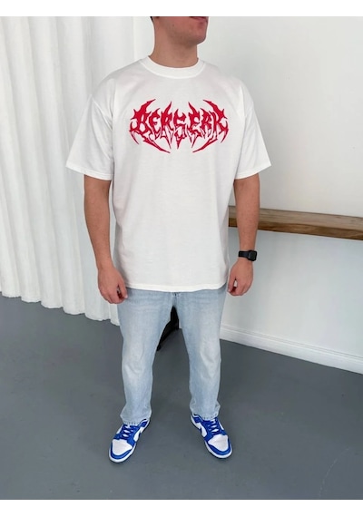 Erkek Kısa Kol Yazlık Tişört Bisiklet Yaka Baskılı Oversize T-shirt - Beyaz Beyaz