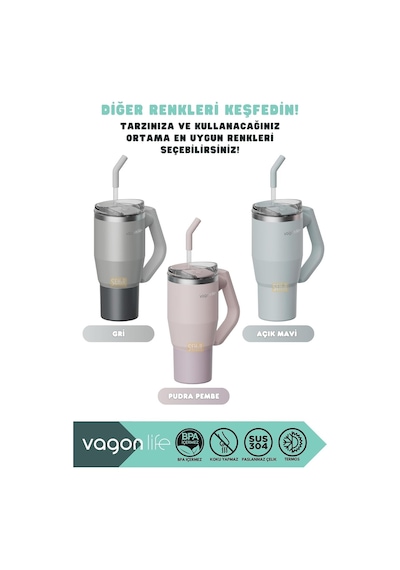 Vagonlife Tumbler 950ml Pipetli/pipetsiz Kullanım Fonksiyonel Kulplu Paslanmaz Çelik Termos Açık Mavi Diğer