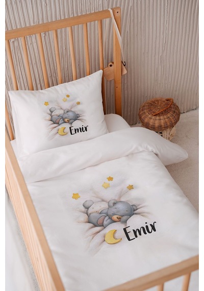 %100 Pamuk Saten Isme Özel Isimli 100x150 Bebek Yatak Nevresim Seti Ayıcık 5