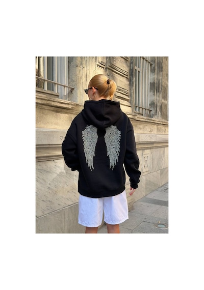 Zdnjeans Kadın Taşlı Kanat Baskılı Oversize Kapüşonlu Sweatshirt siyah