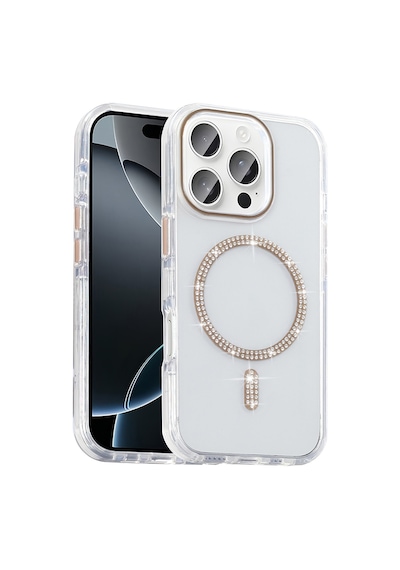 Apple Uyumlu iPhone 15 Pro Max Kılıf Taşlı Tasarım M-safe Şarj Özellikli Mkst Koment Silikon Kapak - Gold Altın