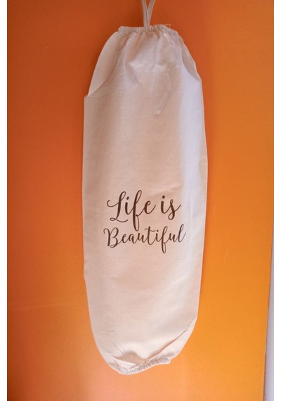 Emtory Home Life Is Beautiful Baskılı Çift Lastikli Naturel Keten Poşetlik