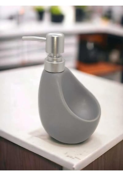 Lüks Porselen Gri 500 Ml Süngerli Banyo Mutfak Sıvı Sabunluk Bulaşık Deterjanlık Gümüş Kapak Gri