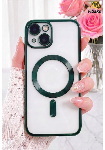 Fibaks iPhone 13/14 Uyumlu Kılıf Kamera Lens Korumalı Magsafe Şarj Kilifi Şeffaf Renkli Yumuşak Kapak Yeşil