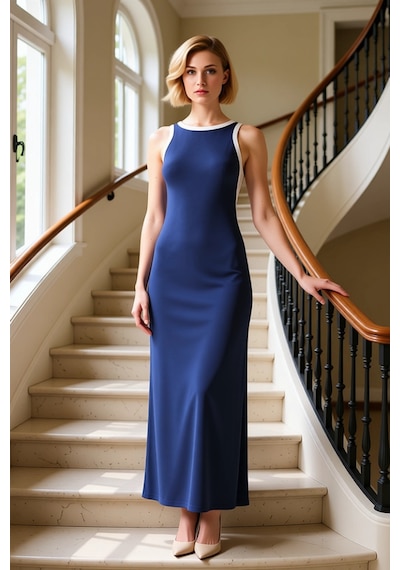 Benerly Kadın Halter Yaka Kolsuz Bodycon Kalıp Ribana Maxi Elbise Fonksiy Lacivert
