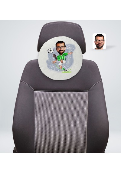 Bk Gift Kişiye Özel Erkek Yeşil Beyaz Futbolcu Karikatürlü Yuvarlak Araç Koltuk Yastığı-1