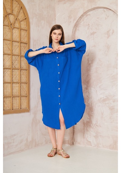 Yıldızistan Kadın Saks Müslin Extra Geniş Oversize Yarasa Kol Cepli Uzun Kollu Yazlık Gömlek Elbise 3440495 Saks Mavi Yıldızistan Kadın Saks Müslin Extra Geniş Oversize Yarasa Kol Cepli Uzun Kollu Yazlık Gömlek Elbise 3440495 Saks Mavi