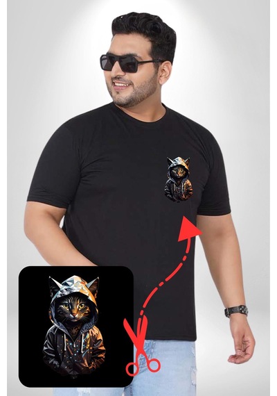 Angemiel Hip Hop Gençlik Kedi Çeket Siyah Büyük Beden Kadın Basic Minimal Baskılı Tişört Siyah