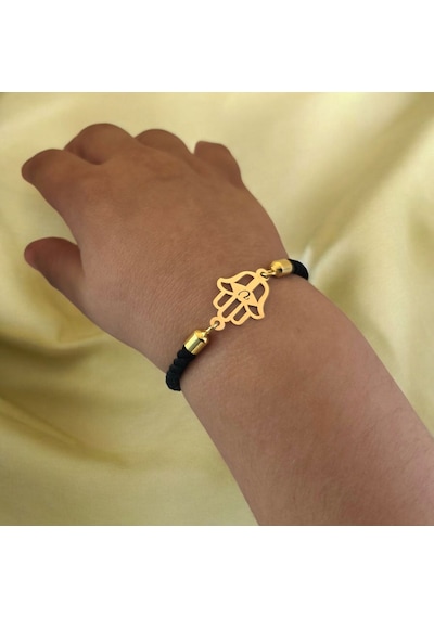 U Harfine Özel Siyah İpek Örgülü Hamsa Motifli 14 Ayar Altın Plakalı Hediye Bileklik-509harf U