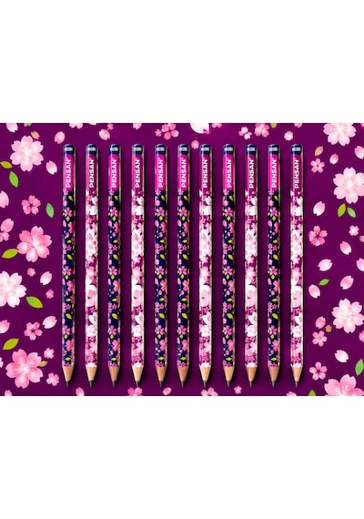 Pink Flowers Desenli Kurşun Kalem 2b Pensan 12 Adet Çok Renkli